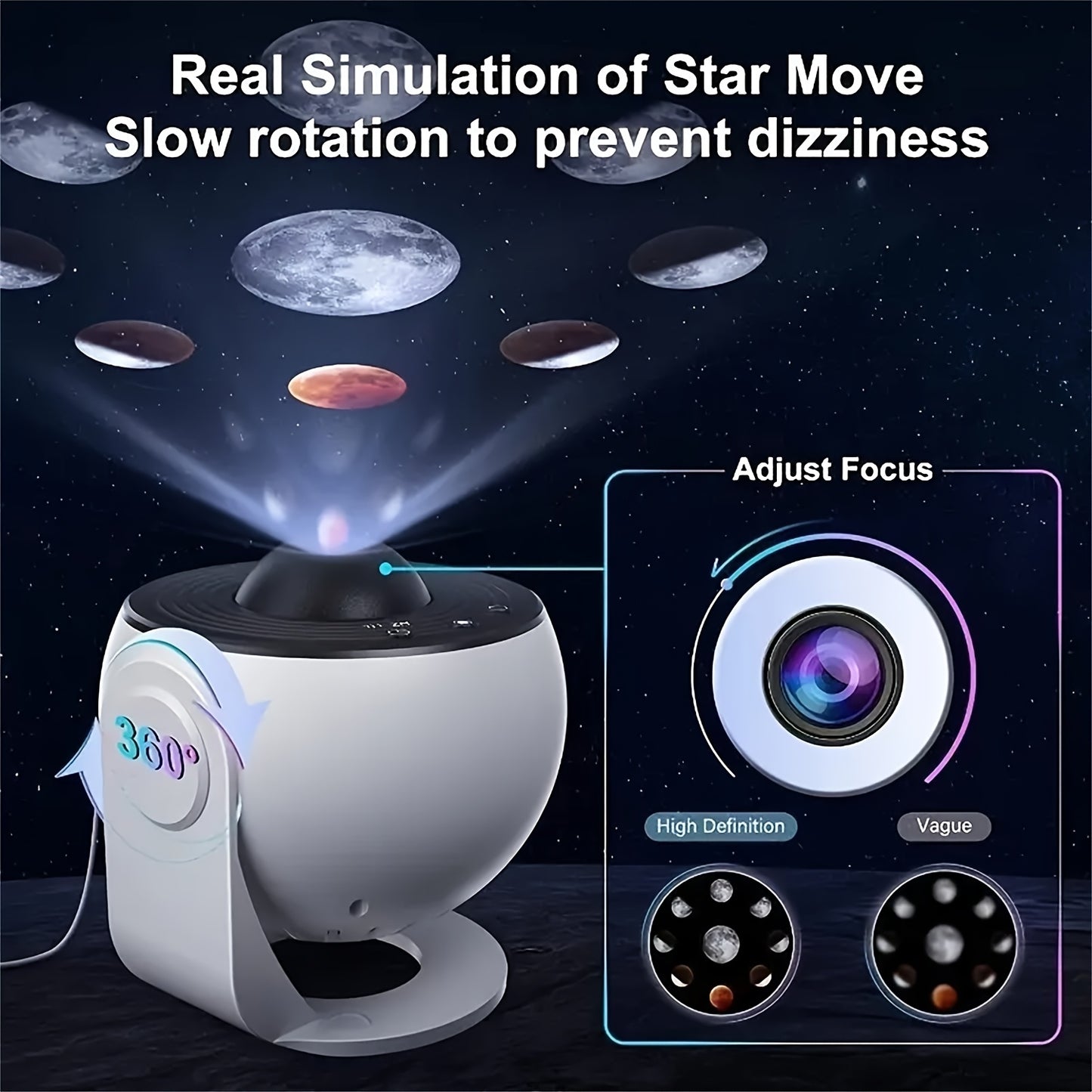 Projection lamp with starry sky galaxy design, USB powered, rotates 1.5-5 meters, includes 12 high-definition slides. Perfect for bedroom, living room, or e-sports room. Ideal festival or