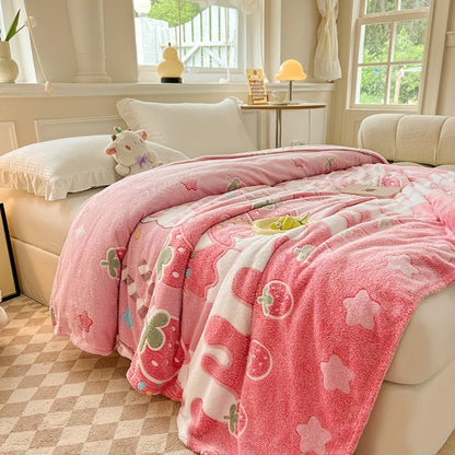 Ultra-Soft Pink Strawberry & Bear Pattern Blanket - Perfect for Sofa, Bed, & Naps - Cozy All-Season Throw - Machine Washable 100% Polyester - Whimsical Home Decor - Charming Aesthetic - Comfortable Blanket for Bed and Naps