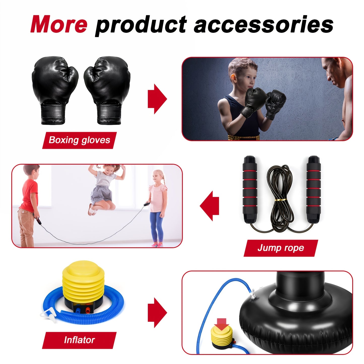 Inflatable punching bag set includes boxing gloves and skipping rope, suitable for karate and kickboxing.