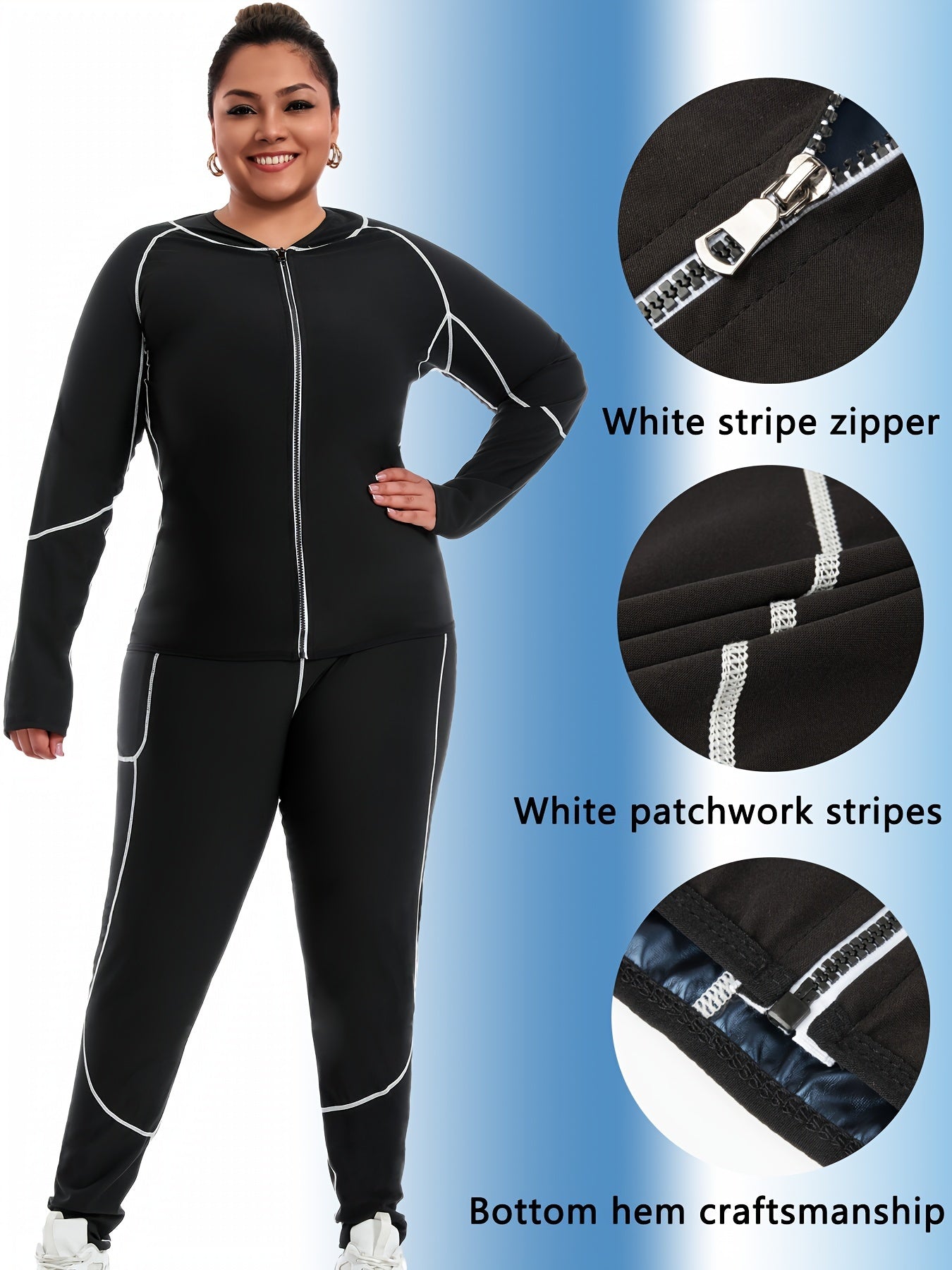 Plus size women's shapewear suit for autumn and winter season, featuring patchwork design and long sleeves for waist trimming and abdominal sweat during fitness activities.