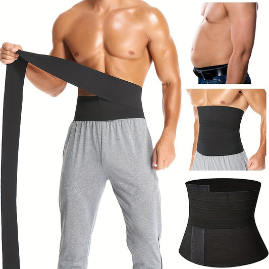 Men's slimming waist trainer belt in black, provides abdominal shaping, back support, and invisible fit.