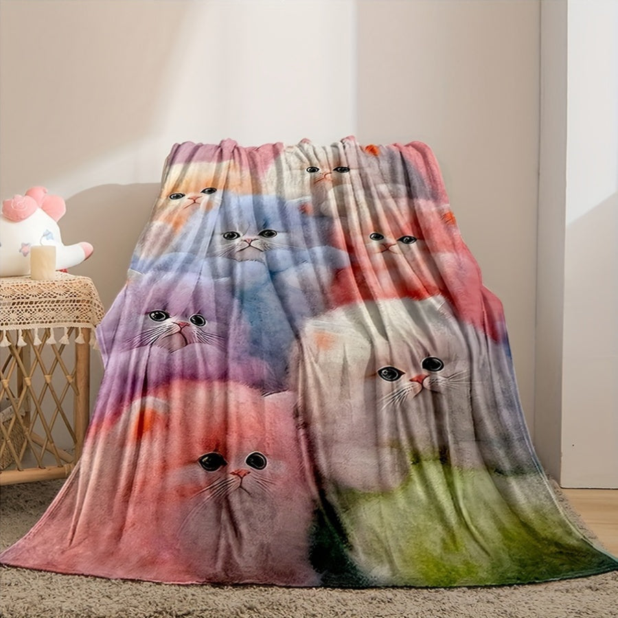 Contemporary geometric-patterned flannel throw blanket featuring a cute cat design - Easy to care for with machine washable and stain-resistant properties. Versatile knit fabric makes it ideal for all seasons, perfect for office, home, or travel. Soft