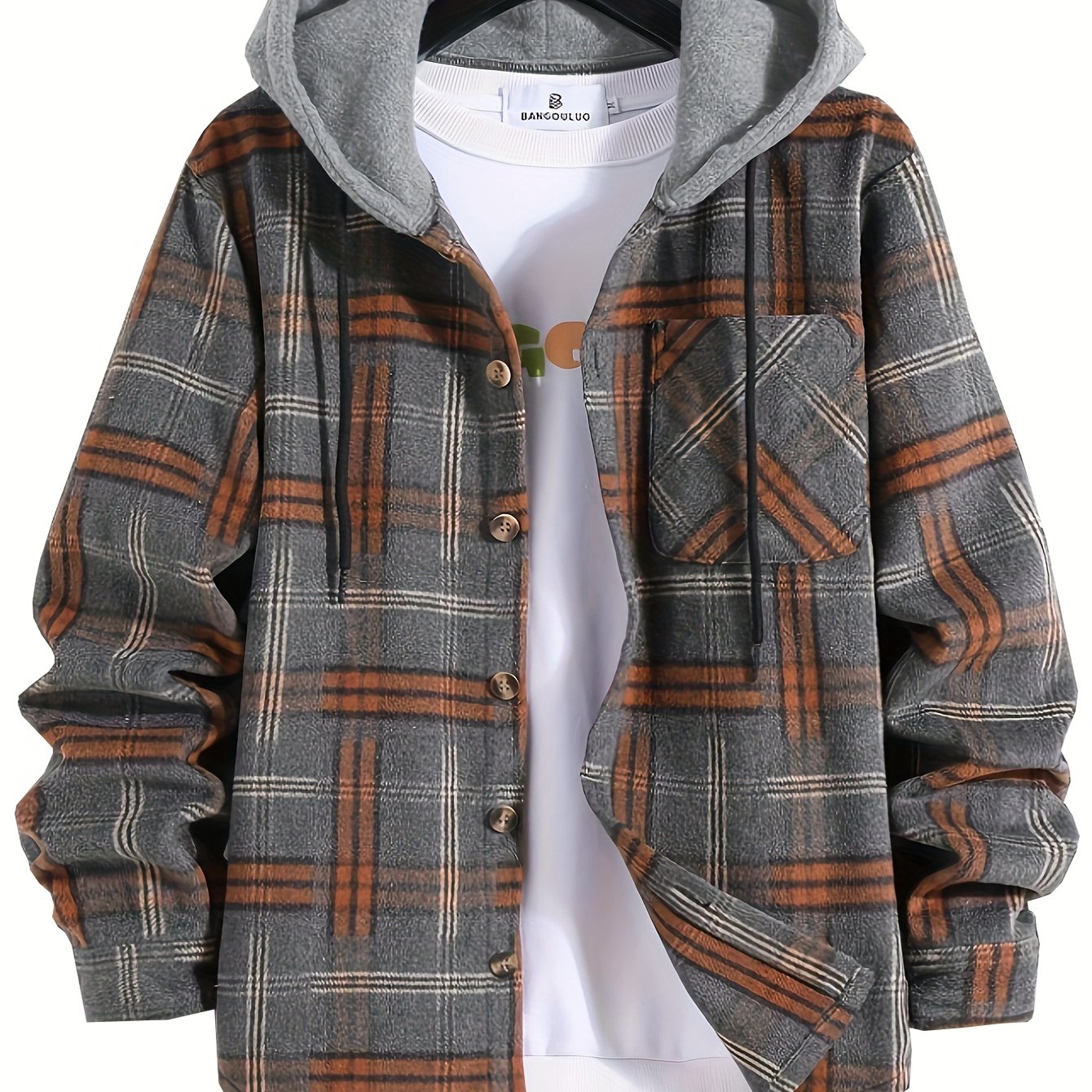 Men's Plaid Long Sleeve Jacket for Autumn, Warm and Casual with Hood