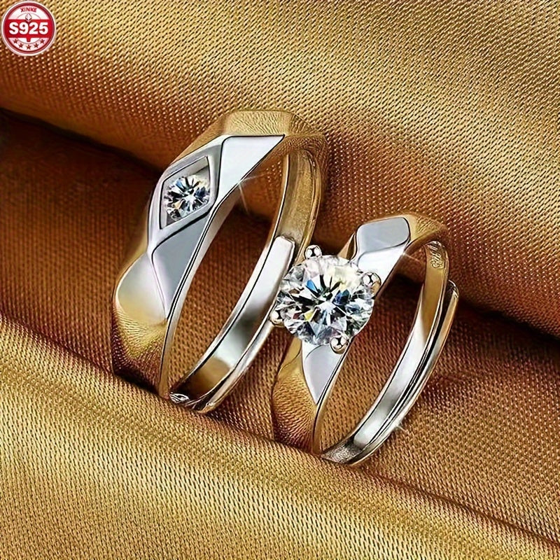 Two pieces of 925 Silver Fashion Couple Rings featuring a Unisex Bohemian Elegant Style, adorned with Synthetic Cubic Zirconia on an Open Band. Ideal for Music Festivals, Vacations, Valentine's Day, and can be worn all year round.