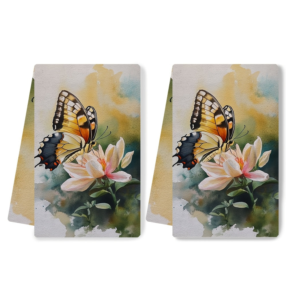 Set of 2 Ultra Soft Kitchen Towels featuring a Delicate Butterfly on Flower Design. These towels are Highly Absorbent, Machine Washable Dish Hand Towels perfect for Contemporary Coastal Decor. Size: 40.64x60.96 cm