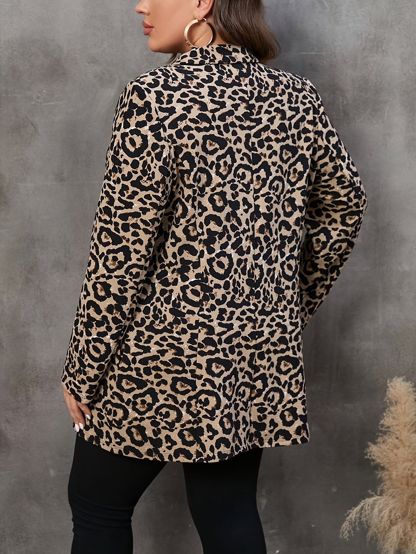 Leopard Button Blazer for Office, Elegant Lapel, Long Sleeve, Plus Size