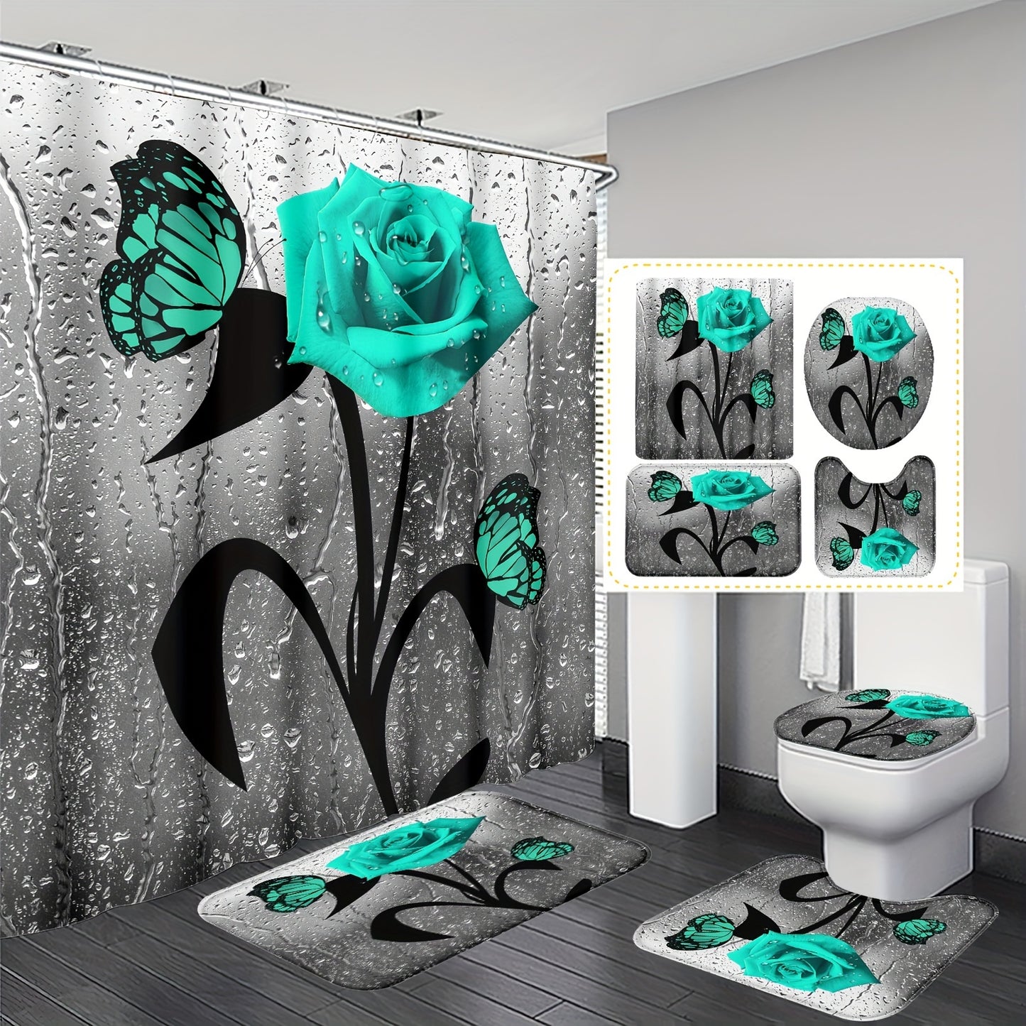 Water drop rose printed shower curtain set with hooks, non-slip mat, toilet lid mat, U-shape mat, and bathtub partition, a complete bathroom accessory set for home decor.