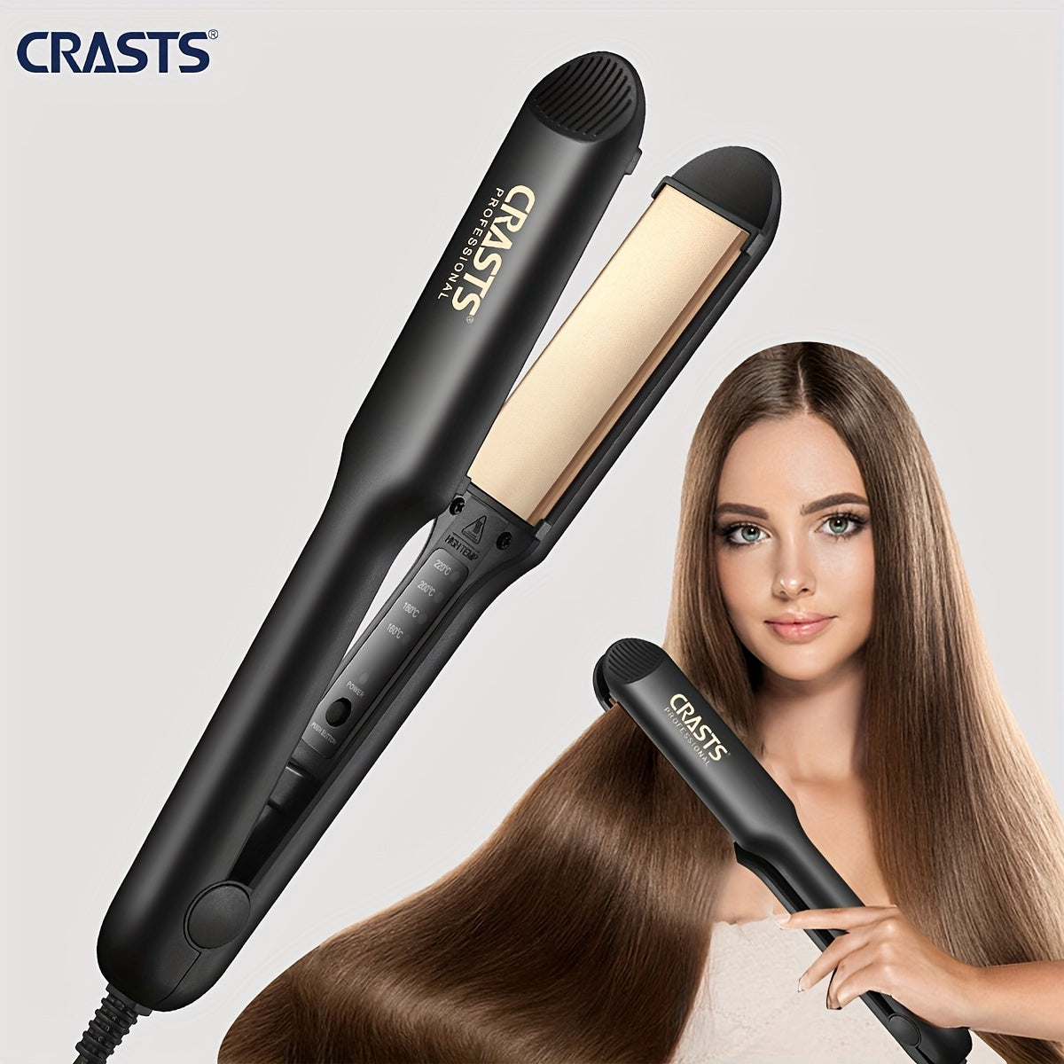 CRASTS Professional Hair Straightener is a dual function tool that is safe for all hair types and can be used with Europlug, USA Standard, and UK Standard power supplies.