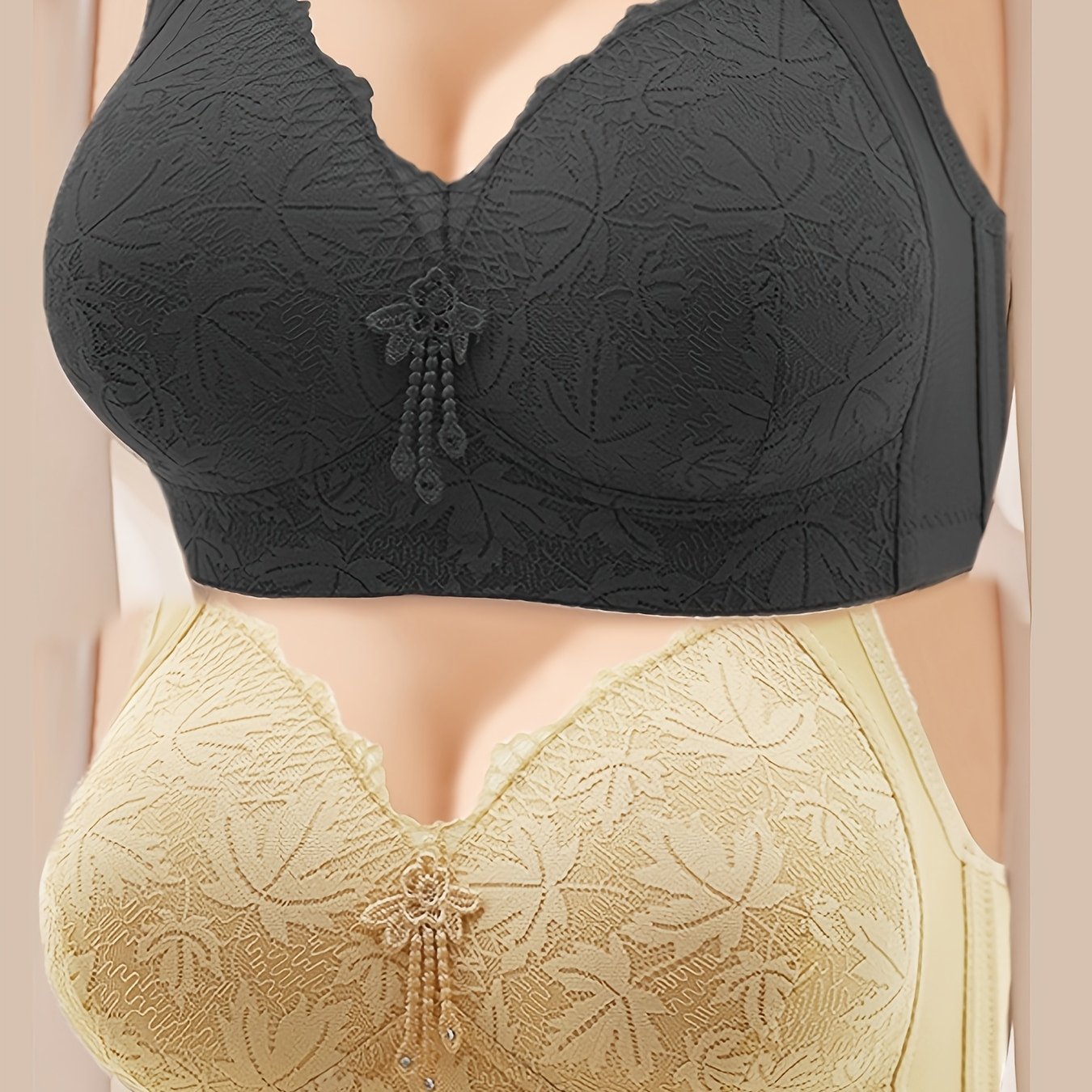 2 Elegant Lace Detail Wireless Bras for Women with Breathable Thin Cups and Glossy Finish, Non-Removable Pads of Nylon/Elastane.