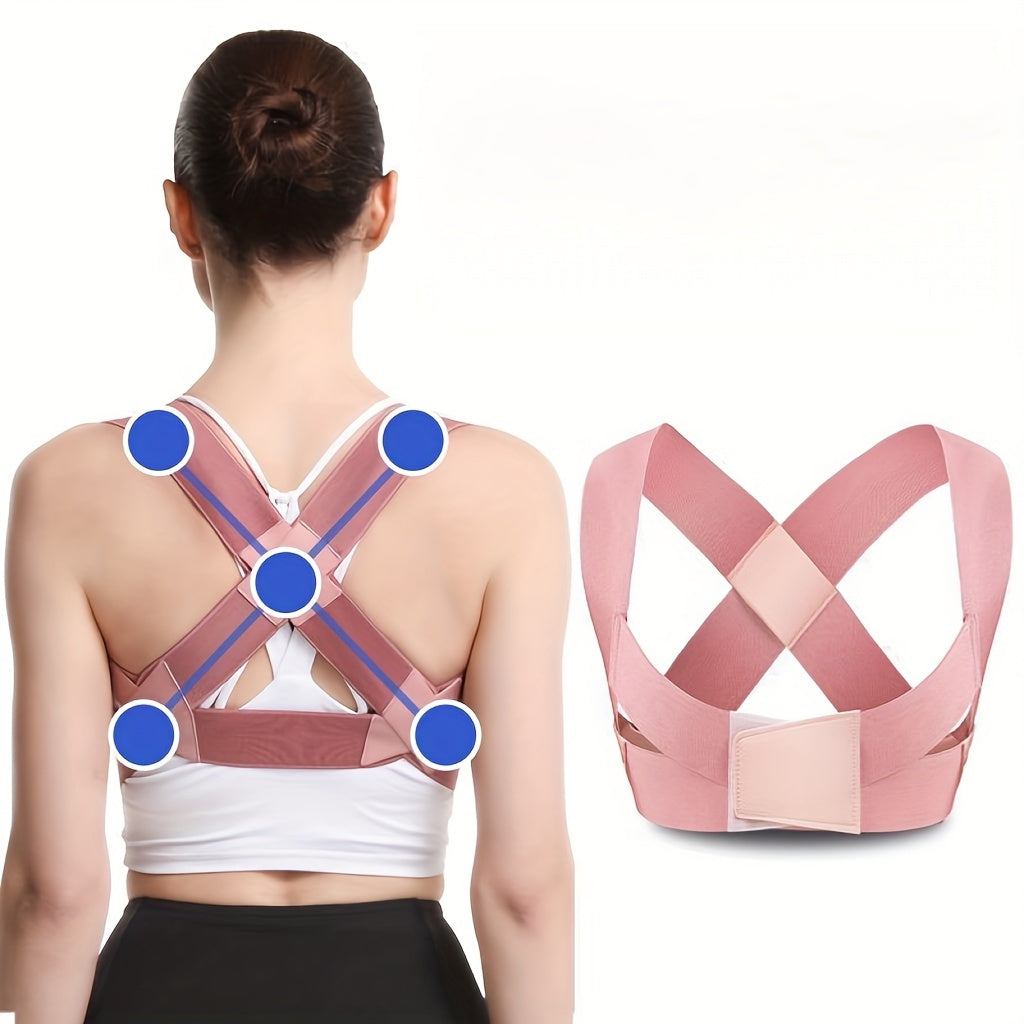 Invisible back brace for hunched shoulders, adjustable sizes, supports spinal alignment and improves posture.