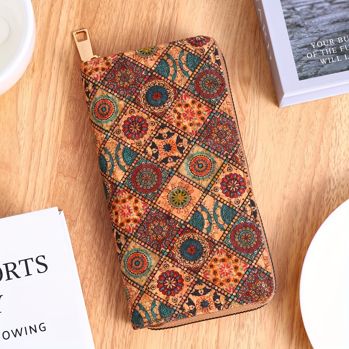 Women's vegan leather wallet with floral print, clutch coin purse, and faux wooden credit card holder.