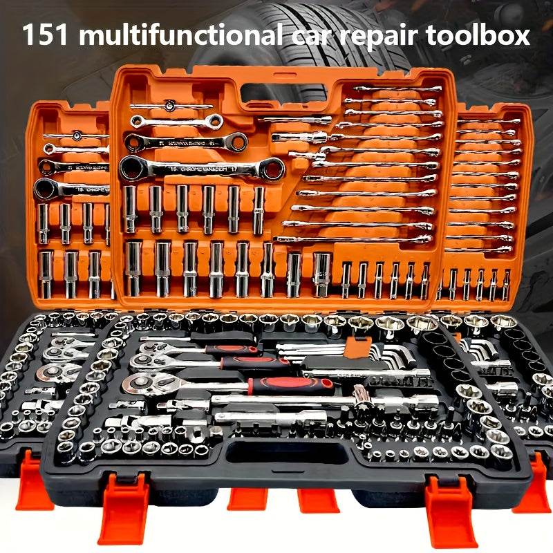 46 piece professional auto repair tool box with portable and durable ratchet wrench set for car, boat, motorcycle, and home industrial repair. Includes carrying case.