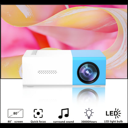 ZRZTM YG300-EU Mini Projector - Fast focus, LED display, 30,000 hour playtime, speakers, and remote. Portable for home cinema, movies, and compatible with Android/Windows/TV Stick via USB