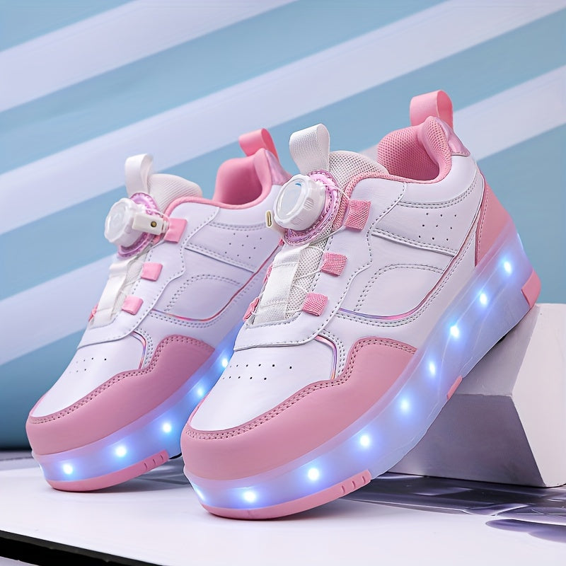 Children's LED Roller Shoes with Retractable Wheels, Trendy Sports Sneakers with Adjustable Brightness, Rotary Buckle Closure, PU upper, TPR sole, and Lithium Polymer Battery.