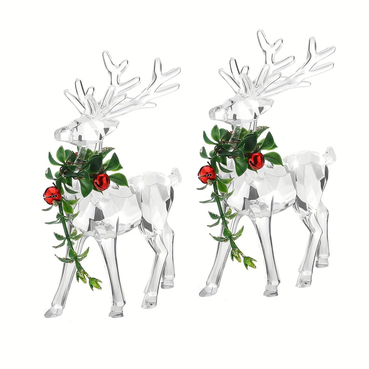 Clear acrylic Christmas reindeer figurines with red bells - perfect holiday decor for any room.