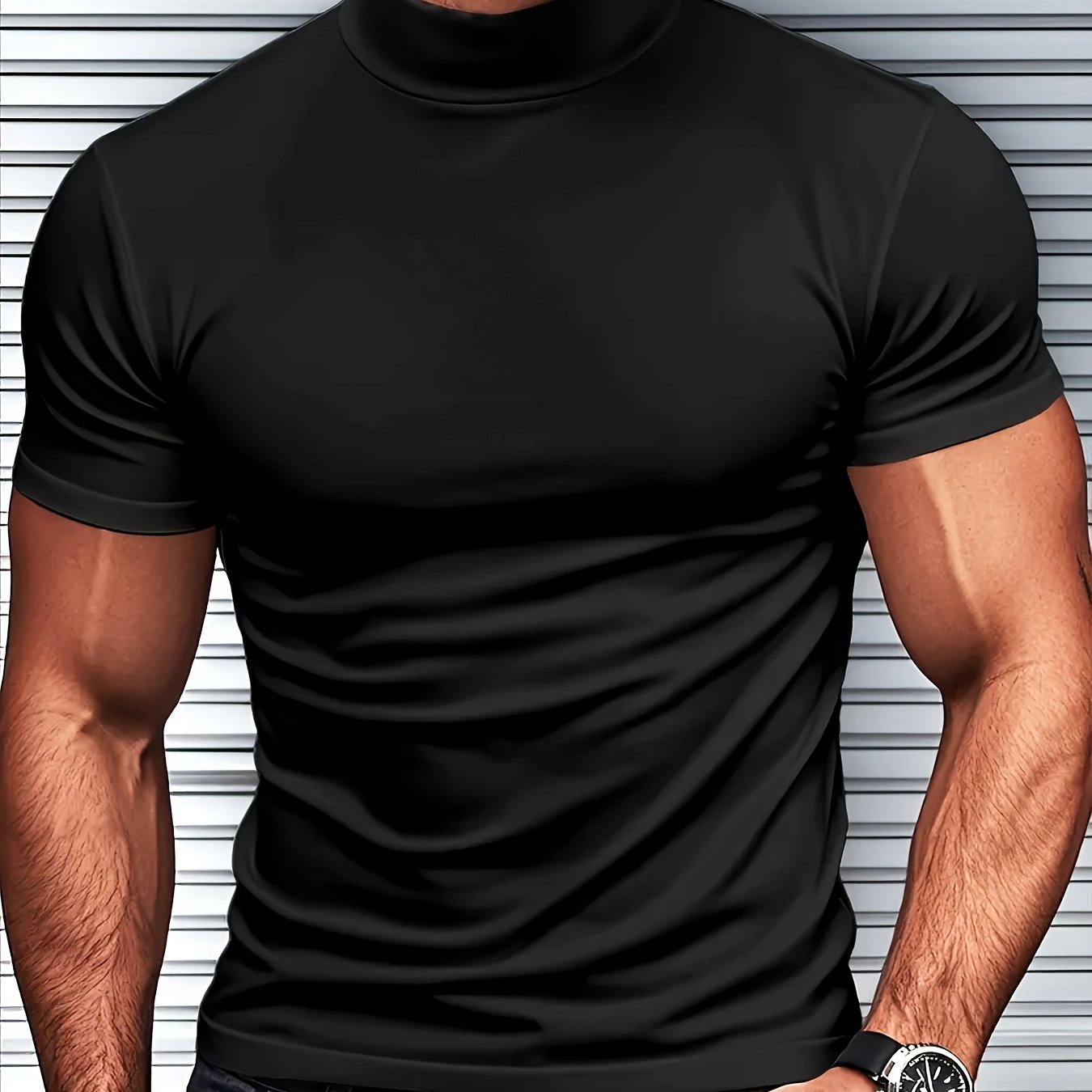 Men's slim fit short sleeve t-shirt with stand collar, ideal for gym and outdoor activities, made of breathable polyester-spandex blend, suitable for all-season wear.