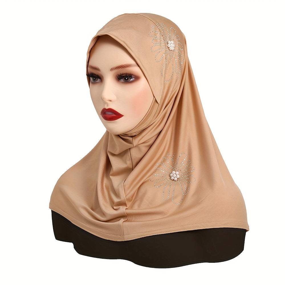 Women's Solid Color Elastic Polyester Hijab with Rhinestone and Pearl accents, full coverage chin cap, easy wear instant scarf for casual use, 100% polyester woven fabric with decorative