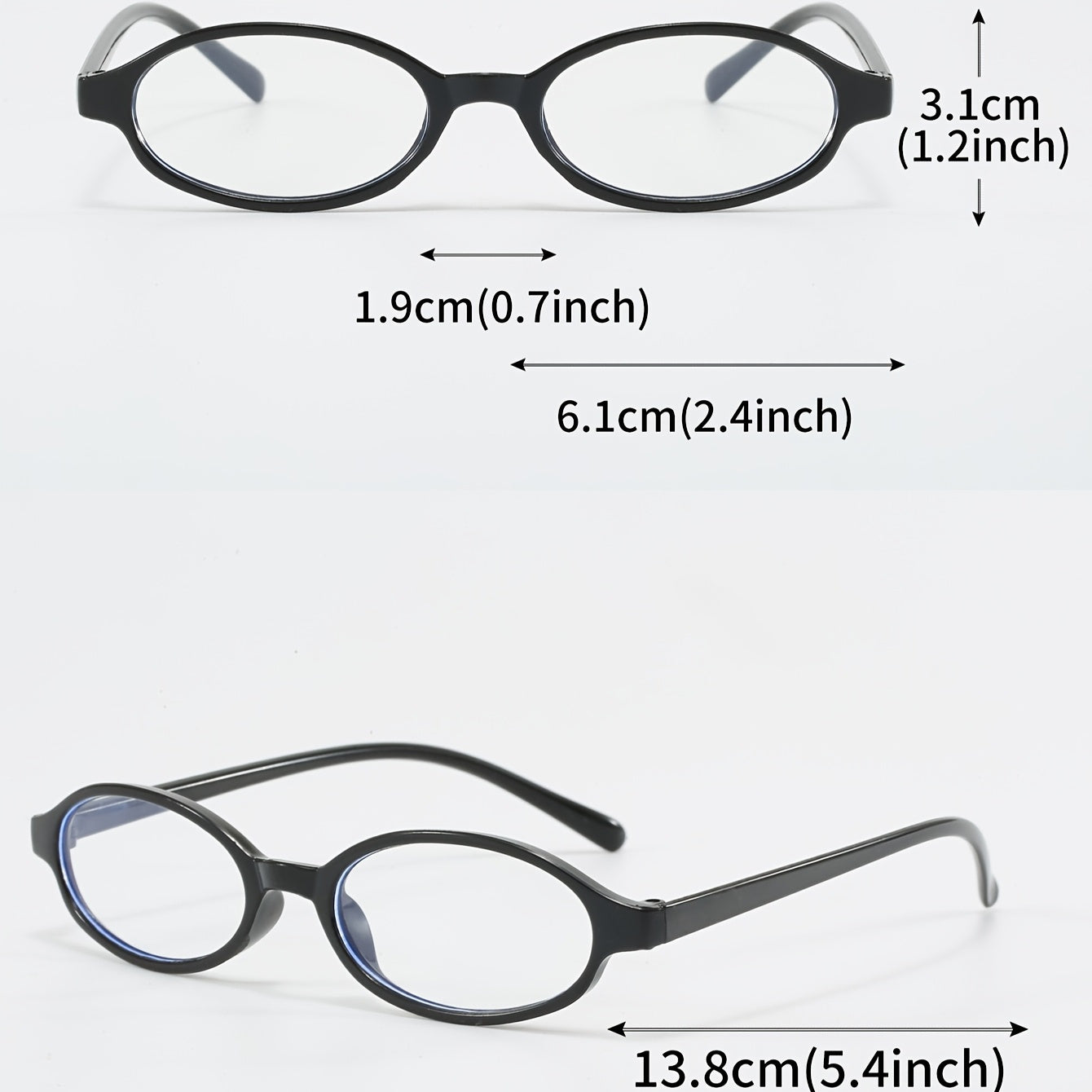 Women's oval frame clear lens glasses in black glossy PC material with gradient transparent design, suitable for parties, computer use, and everyday fashion. Small size and durable, perfect