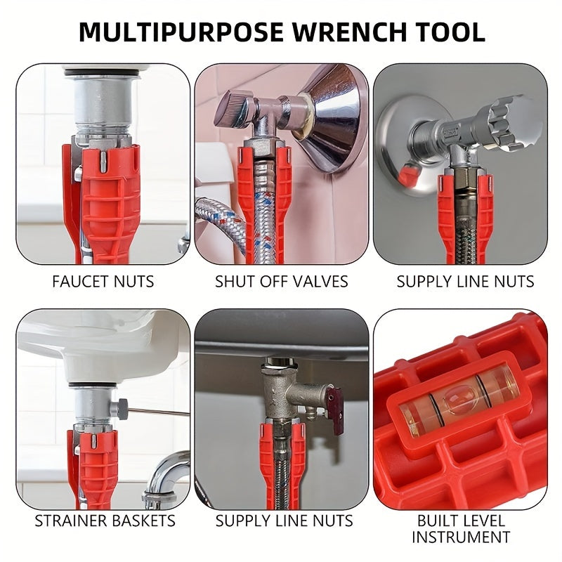 Multi-function sink and faucet repair wrench with 14 uses, made of durable ABS with anti-slip long handle for kitchen and bathroom plumbing.