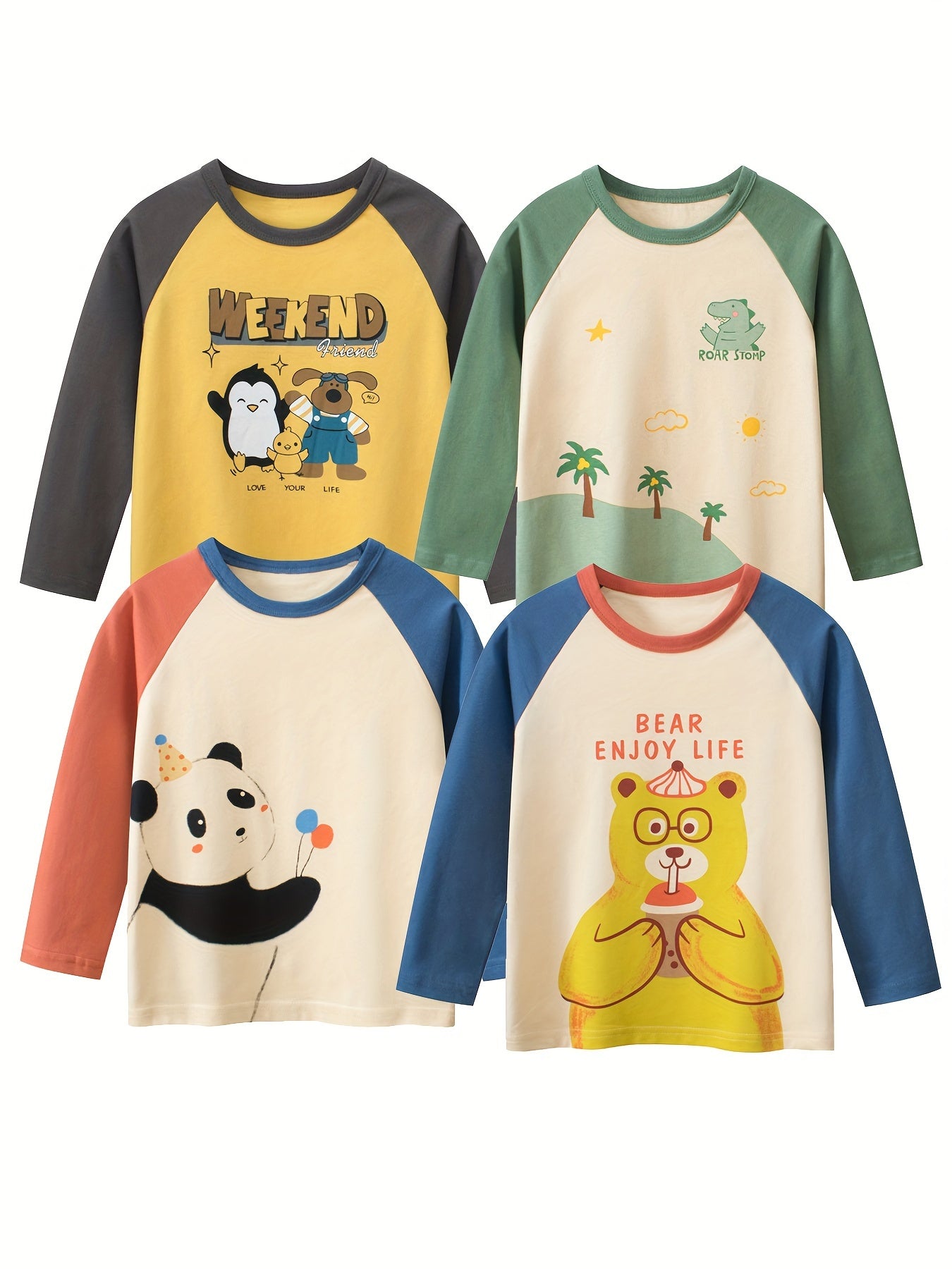 4 boys' long sleeve cotton t-shirts with cartoon graphics in yellow, green, blue & orange. Ideal for spring & fall casual wear. Made of cotton knit fabric.