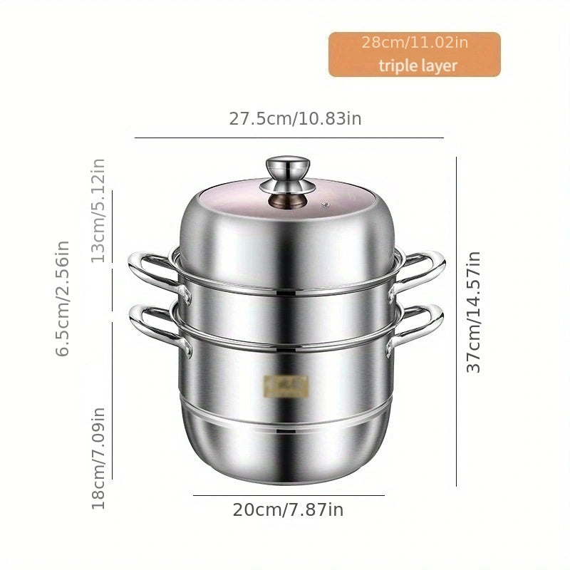 High-Quality Stainless Steel Multi-Layer Steamer with Generous Capacity and Transparent Lid - Ideal for Autumn Cooking and Dining Experience