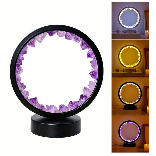 Rechargeable LED lamp with natural quartz amethyst cluster emits soothing light for bedroom and desk decor.