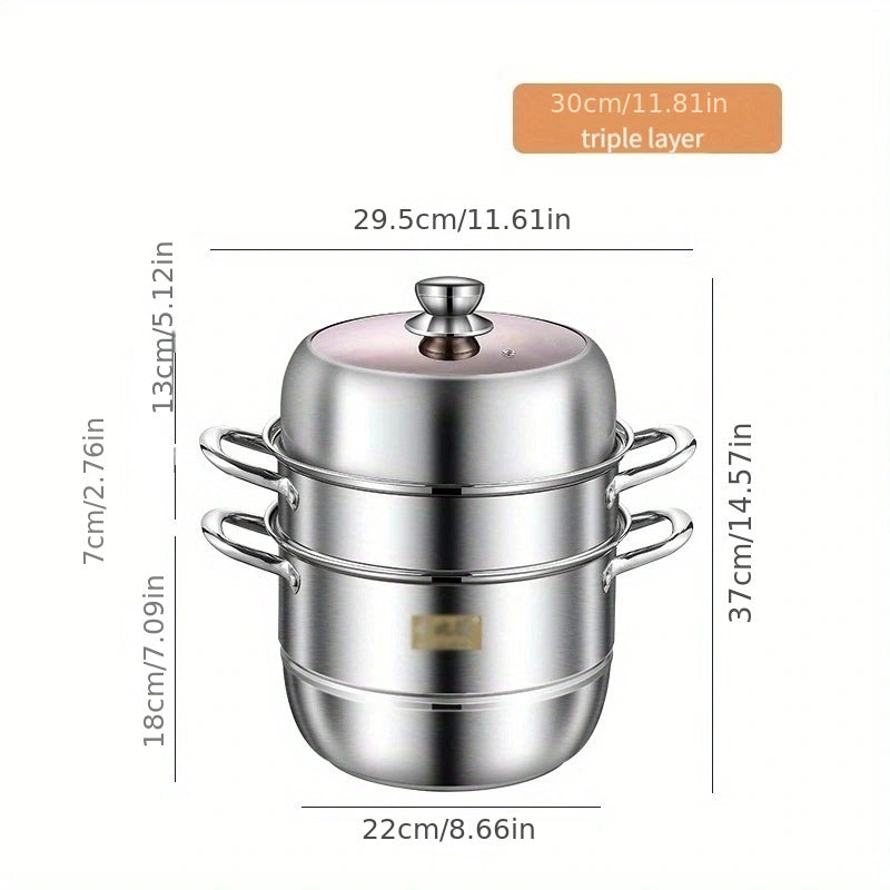 High-Quality Stainless Steel Multi-Layer Steamer with Generous Capacity and Transparent Lid - Ideal for Autumn Cooking and Dining Experience