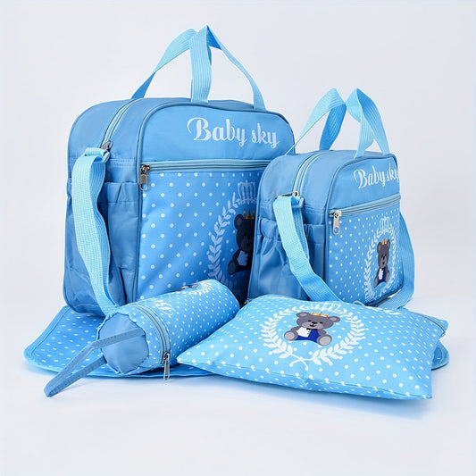 5-Piece Sky Diaper Bag Set - Spacious Parenting Bag with Shoulder Strap, Fashionable Teddy Bear Print Tote, Includes Accessories and Diaper Pouches, Made of Durable Polyester Fiber