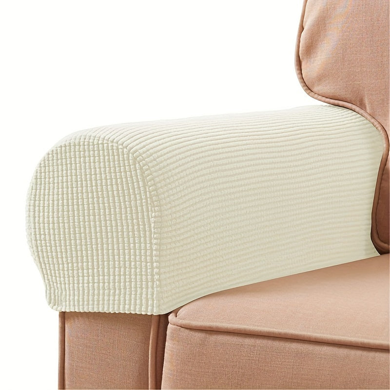 2 Stretch Armrest Covers made of durable spandex blend with plush texture. Scratch & dust resistant, and machine washable. Fits single to four-seater sofas & recliners in various colors.