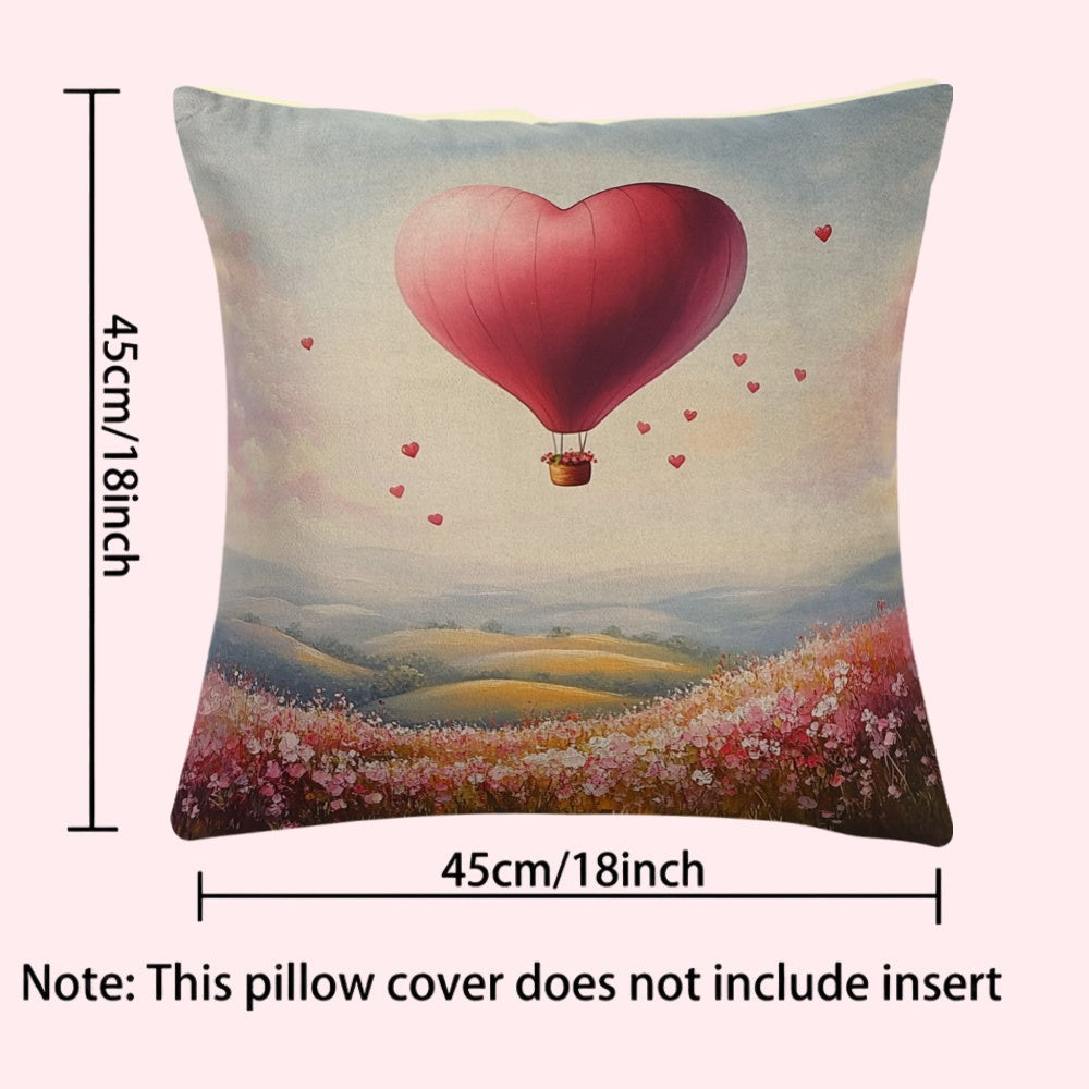 Vintage heart-shaped balloon design square cushion cover, measuring 45.72x45.72cm. Made of durable polyester fabric, this cushion cover is machine washable with a convenient zipper closure. Provides all-season comfort, perfect for back sleepers. Ideal