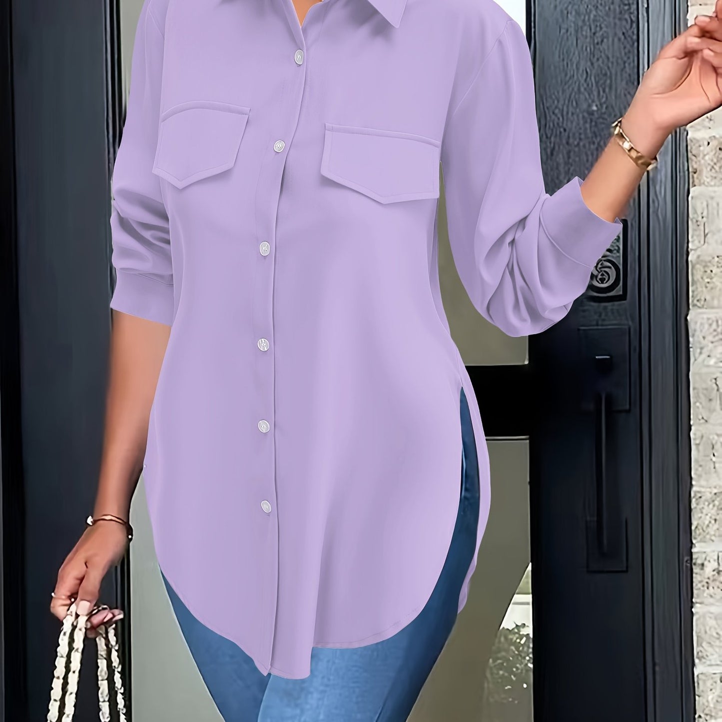 Curved hem blouse for spring, button front and collared, plus size.