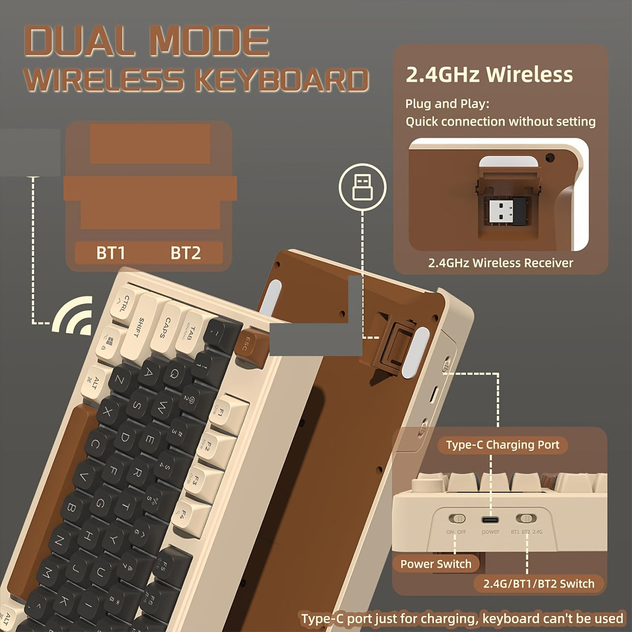 ZIYOULANG Dual-Mode BT Wireless Keyboard with Backlit Ergonomic PBT Ball Cap and Rechargeable Battery, USB Type-C Charging