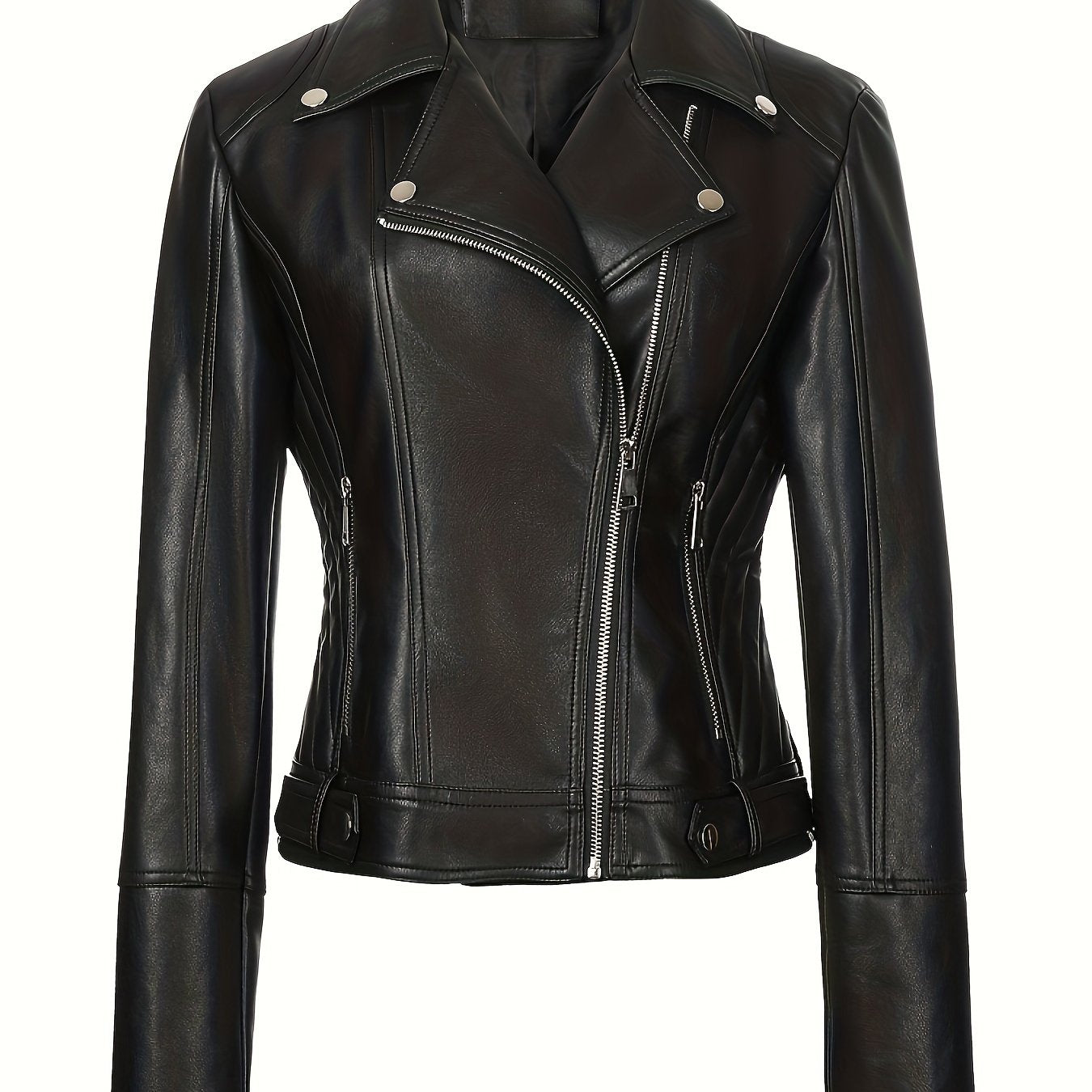 Faux leather biker jacket for women, sexy skinny fit with street style, non-stretch solid color, regular length with zipper detail, lined with woven polyester for spring/fall.