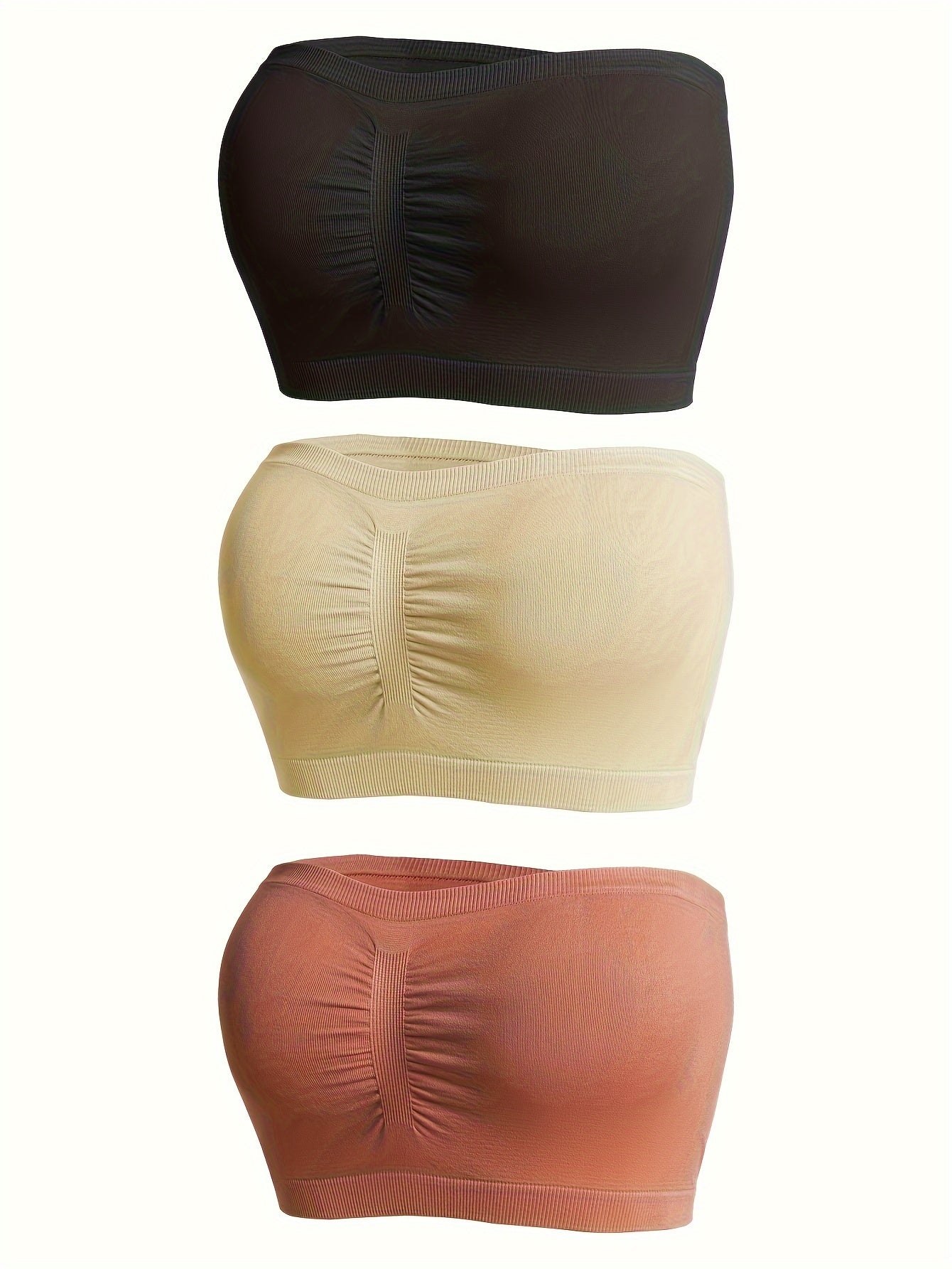 Set of 3 elegant black bandeau bra tops with anti-slip chest wrap, seamless strapless design.