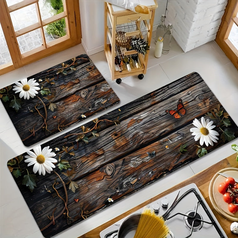 1 piece of Sponge Floor Mat with a weight of 122-483g, featuring a 8mm thickness and a retro Daisy Wood Grain Pattern design. This versatile floor mat can be used in the living room, bedroom, kitchen, bathroom, or even outdoors. It is a decorative bath