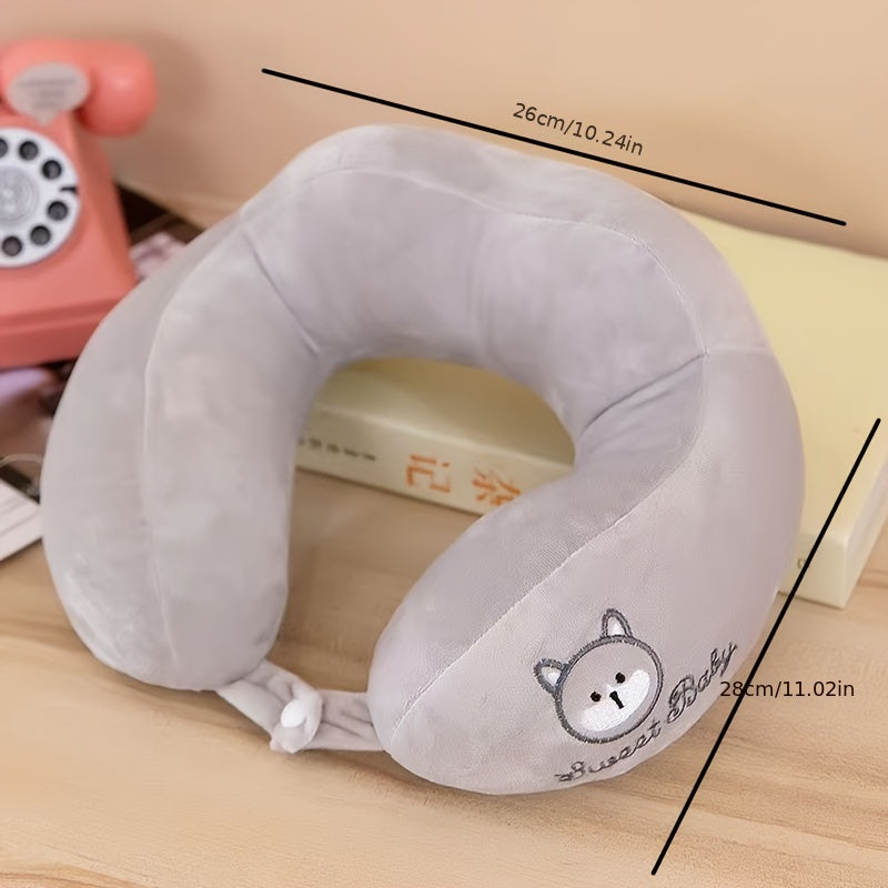 This travel pillow features a U-shaped design for neck support, with a lightweight and non-allergenic construction. The medium softness makes it comfortable for use in both home and car. The pillow has a polyester cover and polyester fiber fill, with a