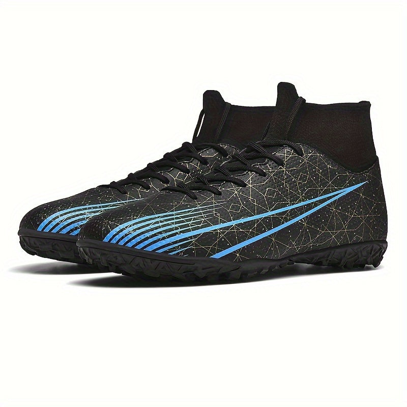 Breathable High-Top Turf Soccer Shoes with Striped Design and Enhanced Traction for Artificial Grass Fields