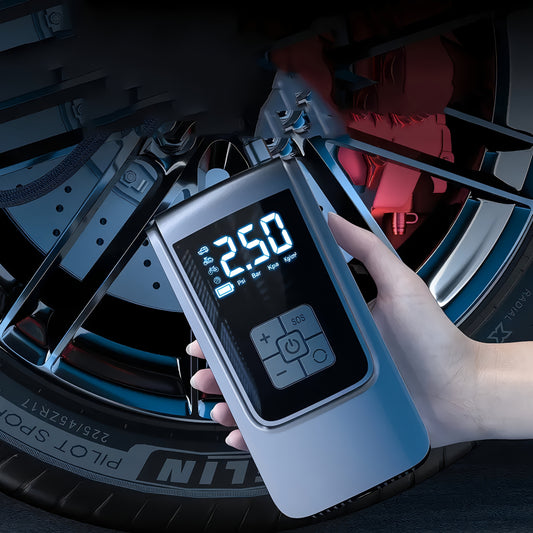 Portable 150PSI Tire Inflator with LED Screen, Rechargeable Battery, USB Charging, for Vehicles and Sports Equipment.