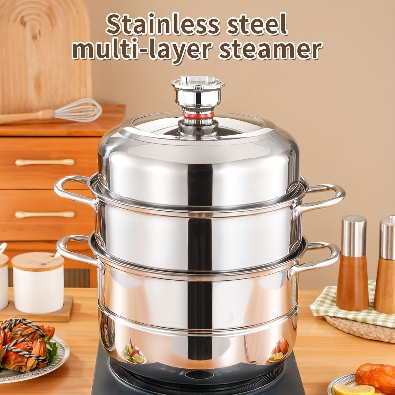 This versatile stainless steel steamer set includes a three-layer design with 1 soup pot, 1 steamer, 2 steamer plates, and 1 pot lid. With a deep capacity and multifunctional capabilities, this cooking pot can steam, boil, stew, and make soup with ease.