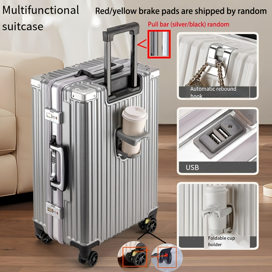 20/24-inch aluminum frame spinner luggage with cup holder and USB port, zipperless extra-large captain suitcase.