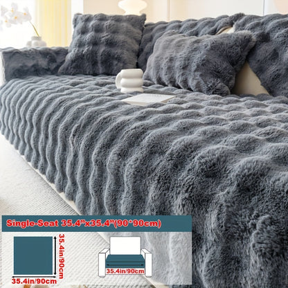 Imitation rabbit plush sofa cover for winter warmth, non-slip protection for furniture in home or office.