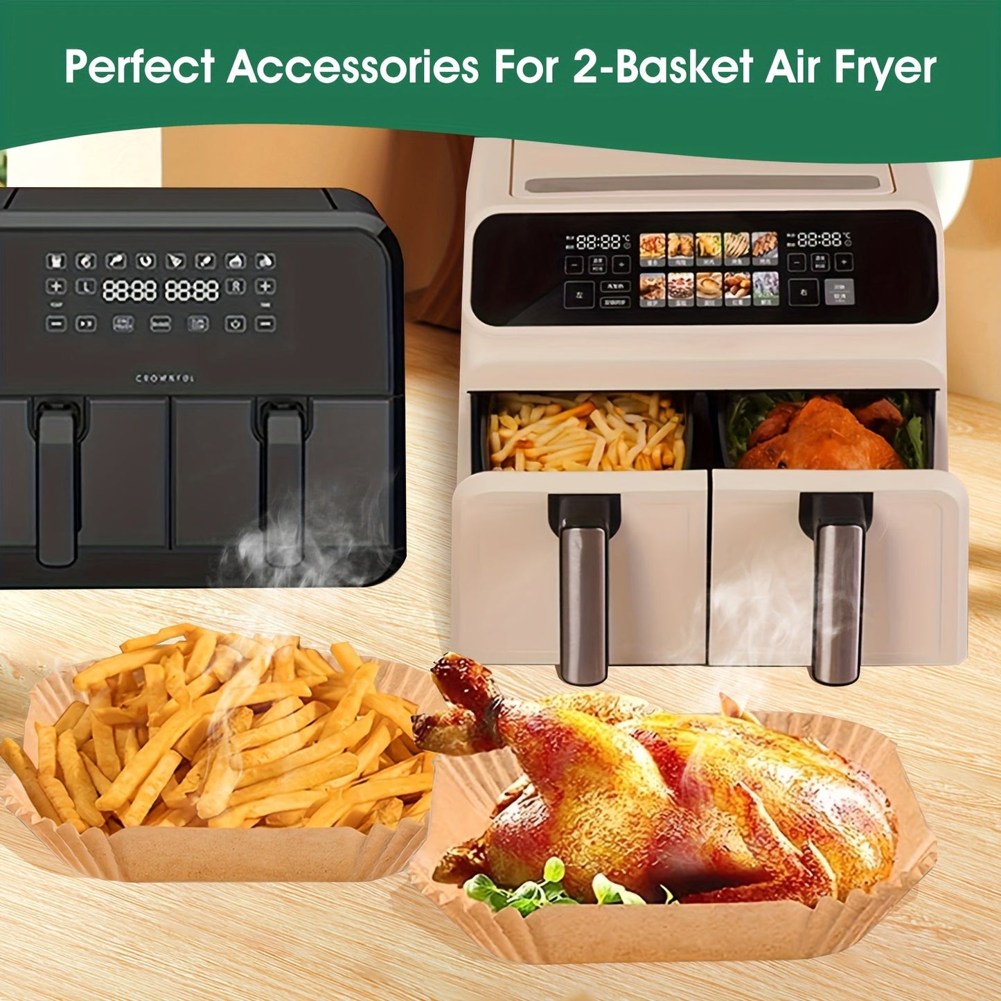 Pack of 50 Non-Stick Parchment Liners for Dual Air Fryer Trays - Resistant to Oil & Water, Disposable Baking Sheets for RVs & Everyday Use, Paper Liners