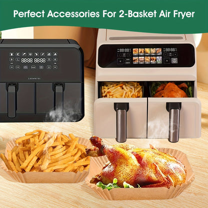 50 Non-Stick Parchment Liners for Dual Air Fryer Trays - Resistant to Oil & Water, Disposable Baking Sheets Perfect for RVs & Kitchens, Air Fryer Paper Liners