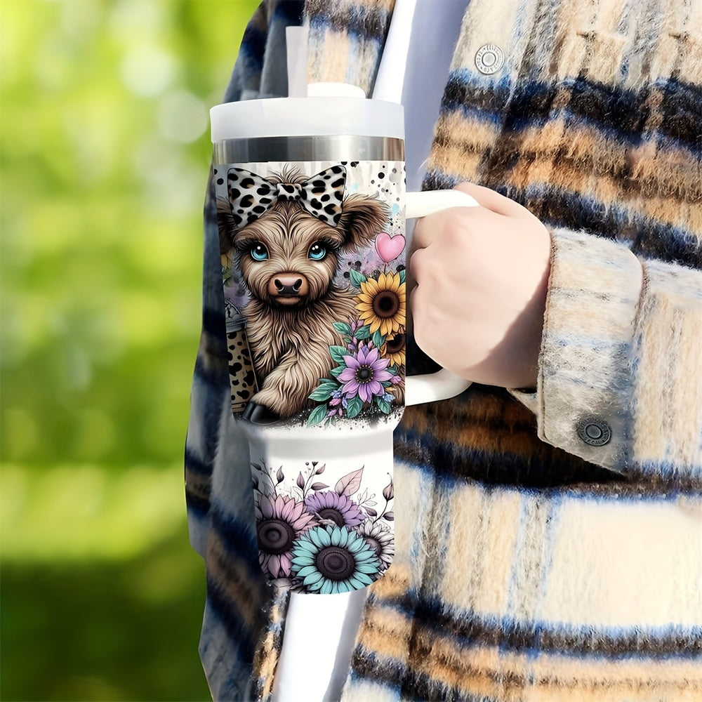 Stainless steel tumbler with handle and straw, featuring Highland Cow and Sunflower design, ideal for coffee, milk, and beer. Great Christmas gift for loved ones. Festive and durable beverage container.