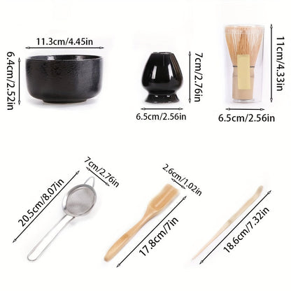 Japanese Matcha Ceremony Set includes 6 pieces - Bamboo Tea Whisk, Bowl, Spoon, Strainer & Stand - Ideal Present for Authentic Decor