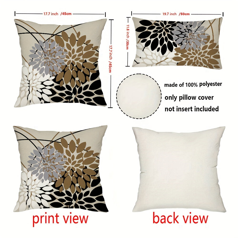 Stylish Dahlia Floral Pillow Cover in Black & Brown, Modern Farmhouse Decor for Living Room Sofa Bed, Zip Closure, Polyester, Hand Wash Only.