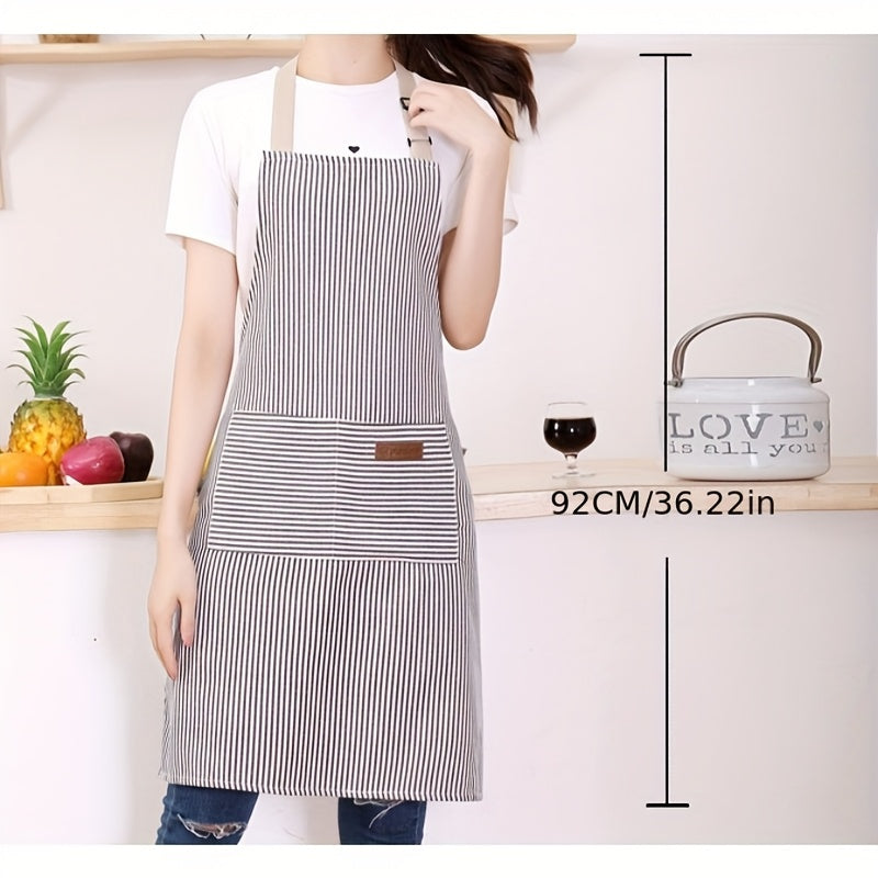 One or two adjustable aprons in a stylish black and white striped design, featuring a convenient pocket for both women and men in the home kitchen. Perfect for cooking, these chef aprons are essential kitchen supplies.