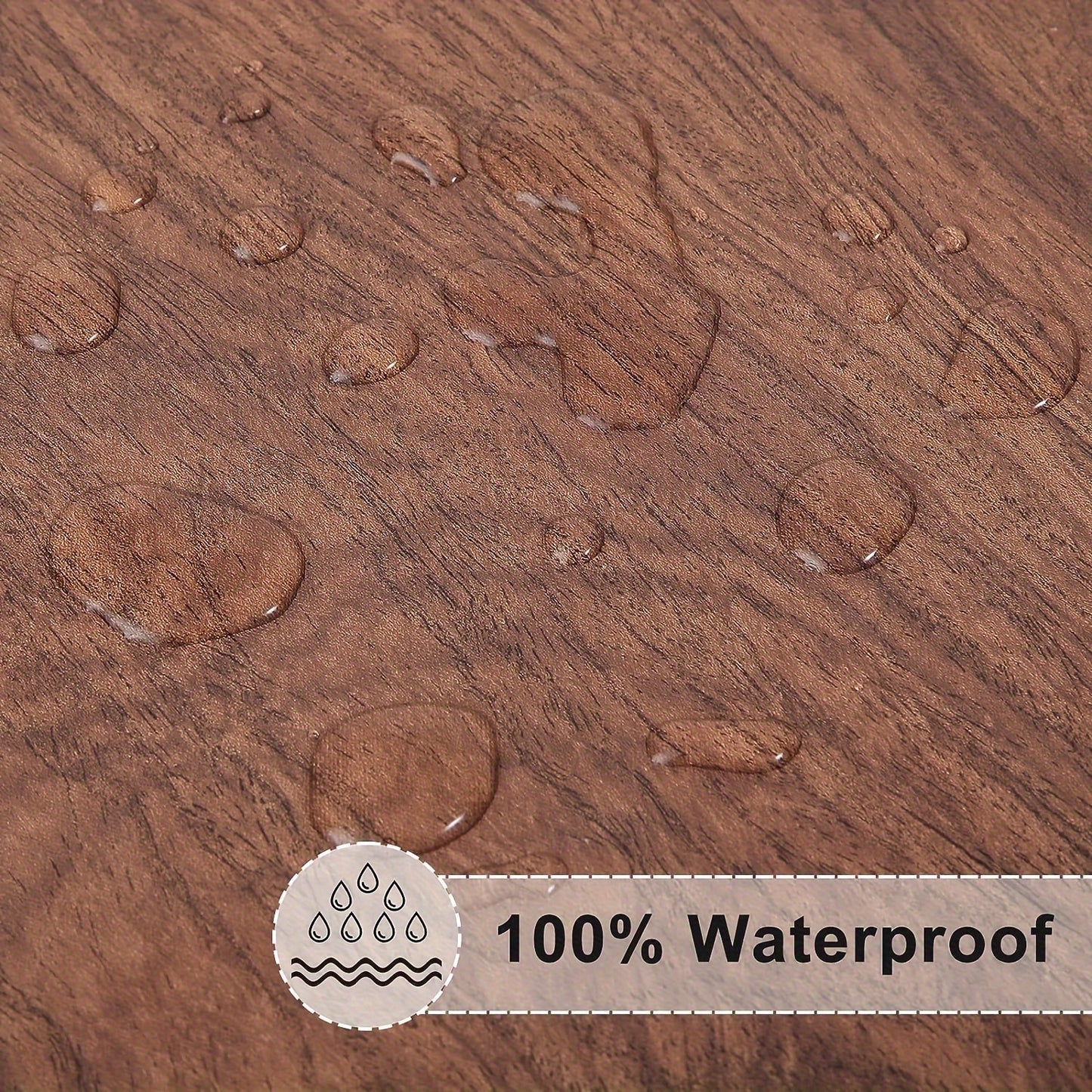 Waterproof vinyl tablecloth with wood grain design, elastic fit, easy wipe flannel backing, ideal for dining indoors and outdoors, camping, and picnics. Great as a picnic blanket.