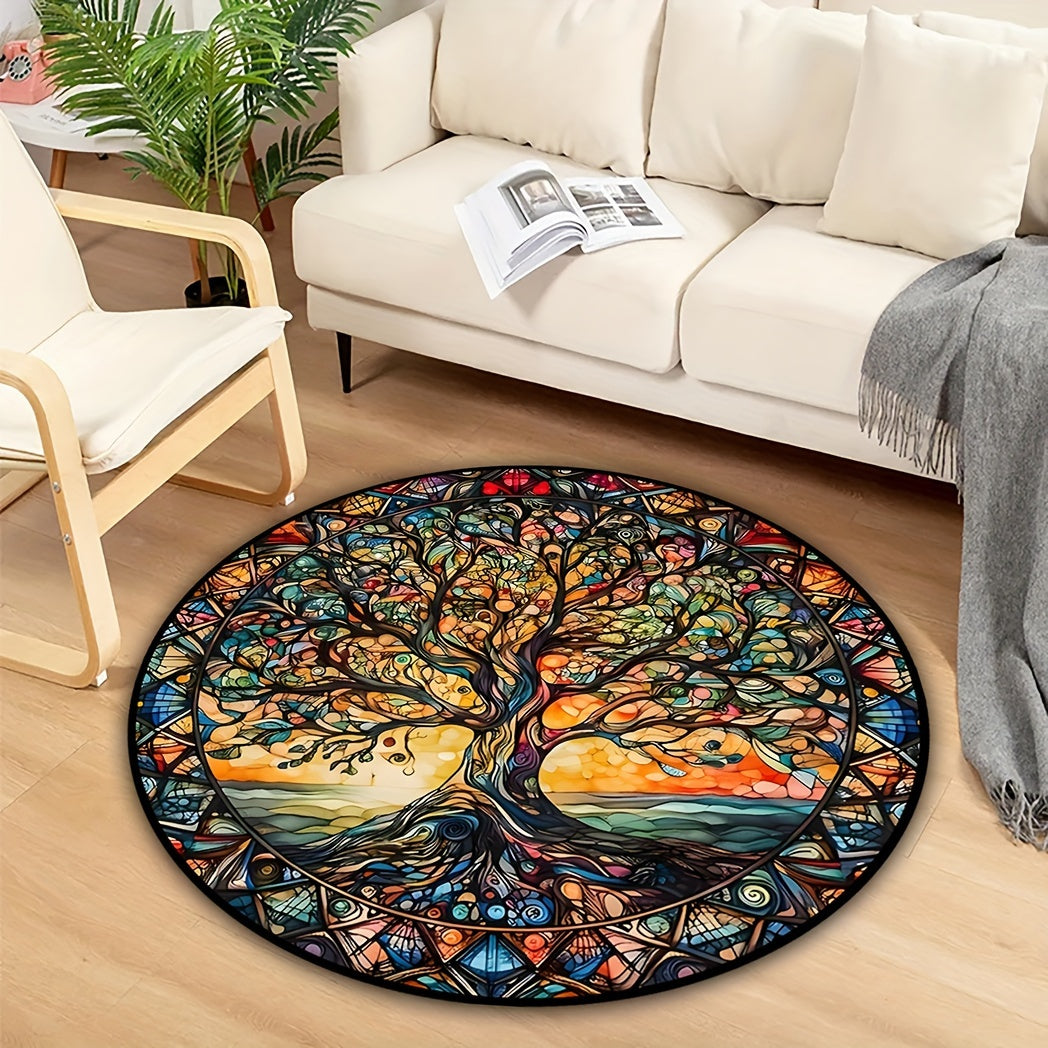 Retro and creative, this 3D Tree Of Life pattern round area rug is the perfect addition to your living room, bedroom, or kitchen. Made with soft and stain-resistant materials, this floor mat is easy to clean in the washing machine. Available in various