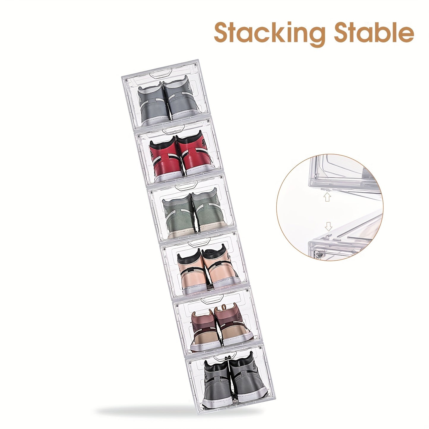 6-Pack Clear Plastic Shoe Organizer Boxes with Magnetic Closure, Waterproof Rectangle Sneaker Storage Display Cases, Multipurpose Stackable Shoe Organizers in Black.